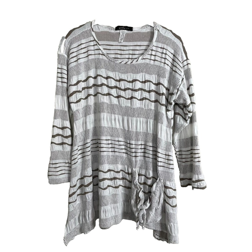 Yushi Tunic Top Womens S White Brown Cottagecore Boho Grandmacore Crinkle Stripe